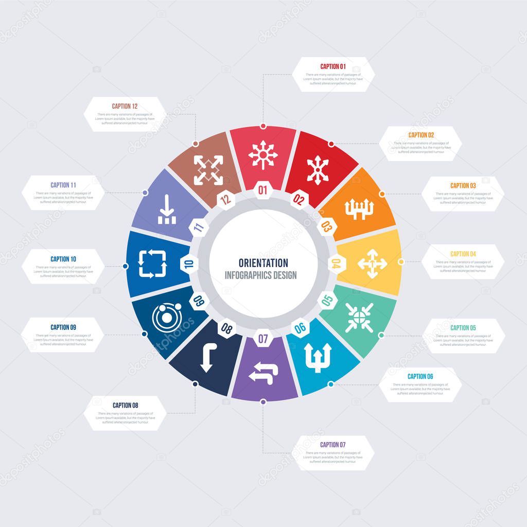 Round 12 options orientation infographic template design. maximize, downward, cycle, orbit, one, two vector icons