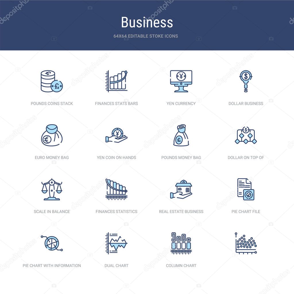 set of 16 vector stroke icons such as  , column chart, dual char