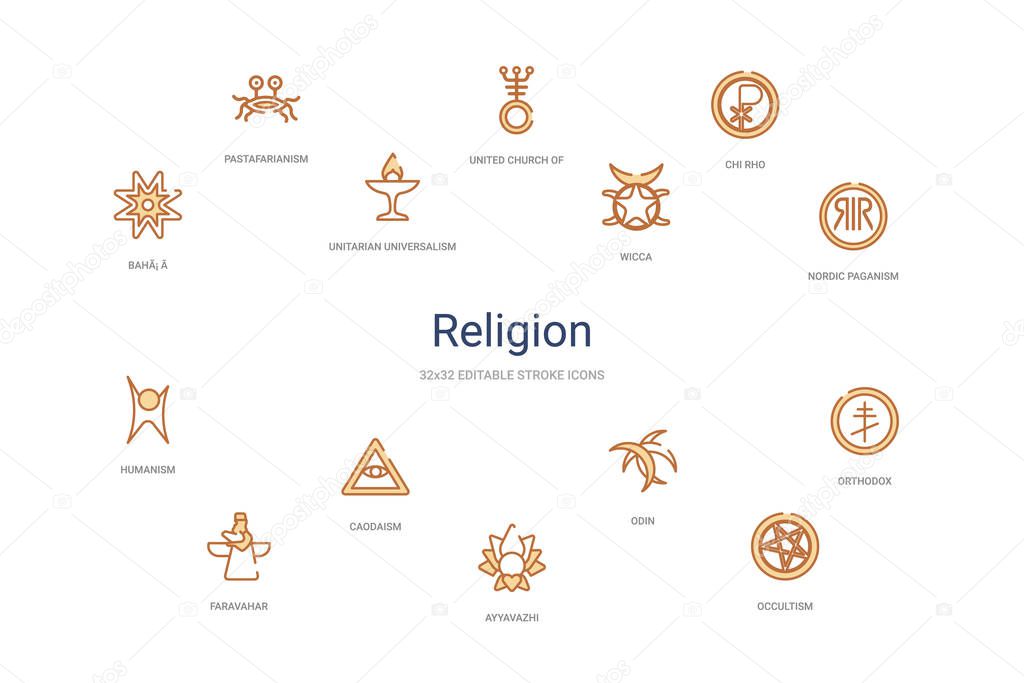 religion concept 14 colorful outline icons. 2 color blue stroke 