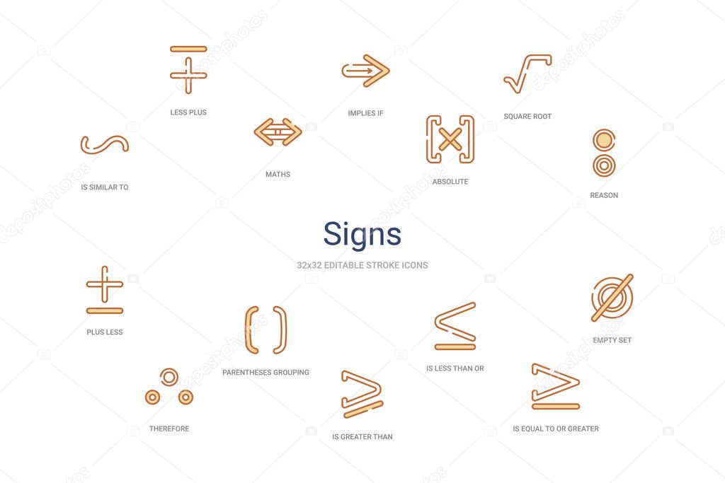 signs concept 14 colorful outline icons. 2 color blue stroke ico