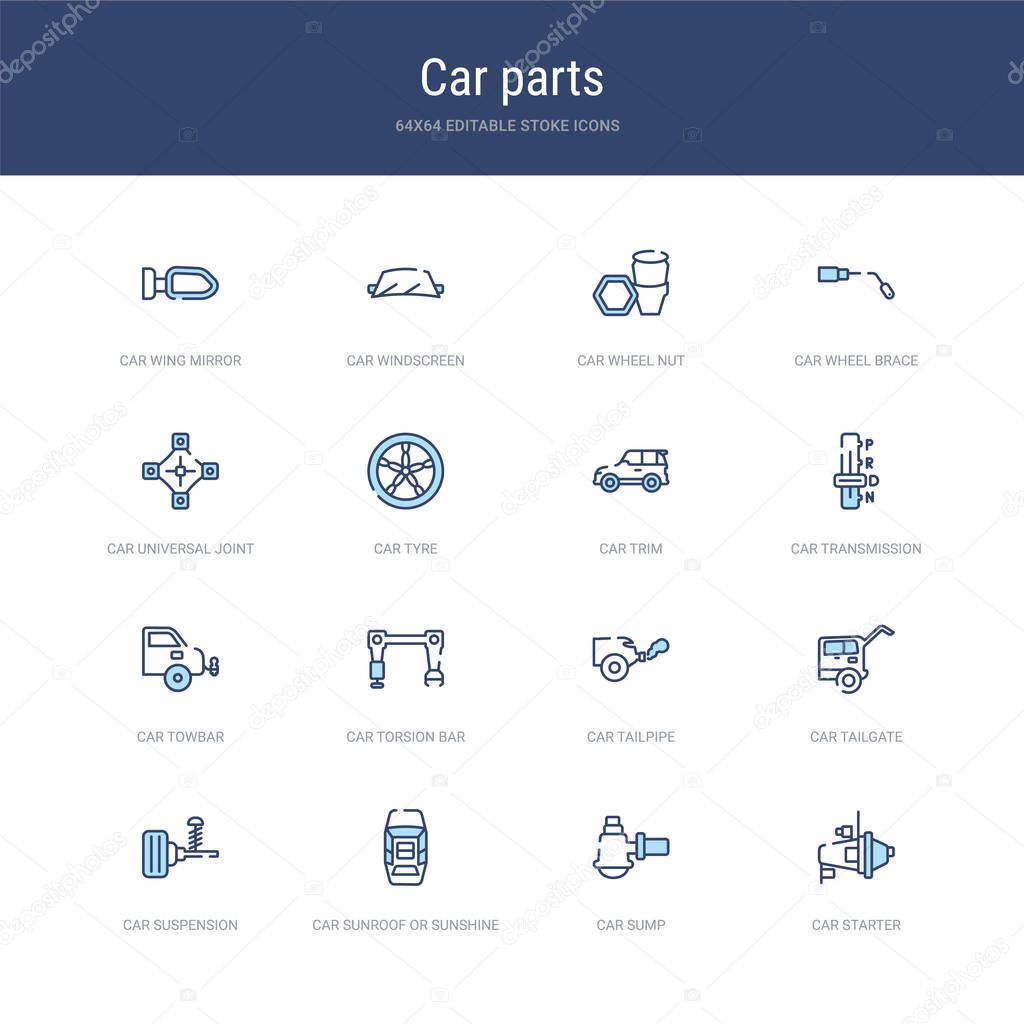 set of 16 vector stroke icons such as car starter, car sump, car