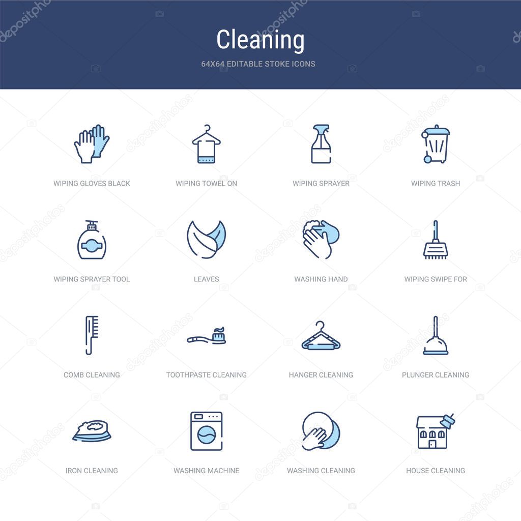 Set of 16 vector stroke icons such as house cleaning, washing cleaning, washing machine cleaning, iron plunger hanger from concept. can be used for web, logo, ui\u002fux