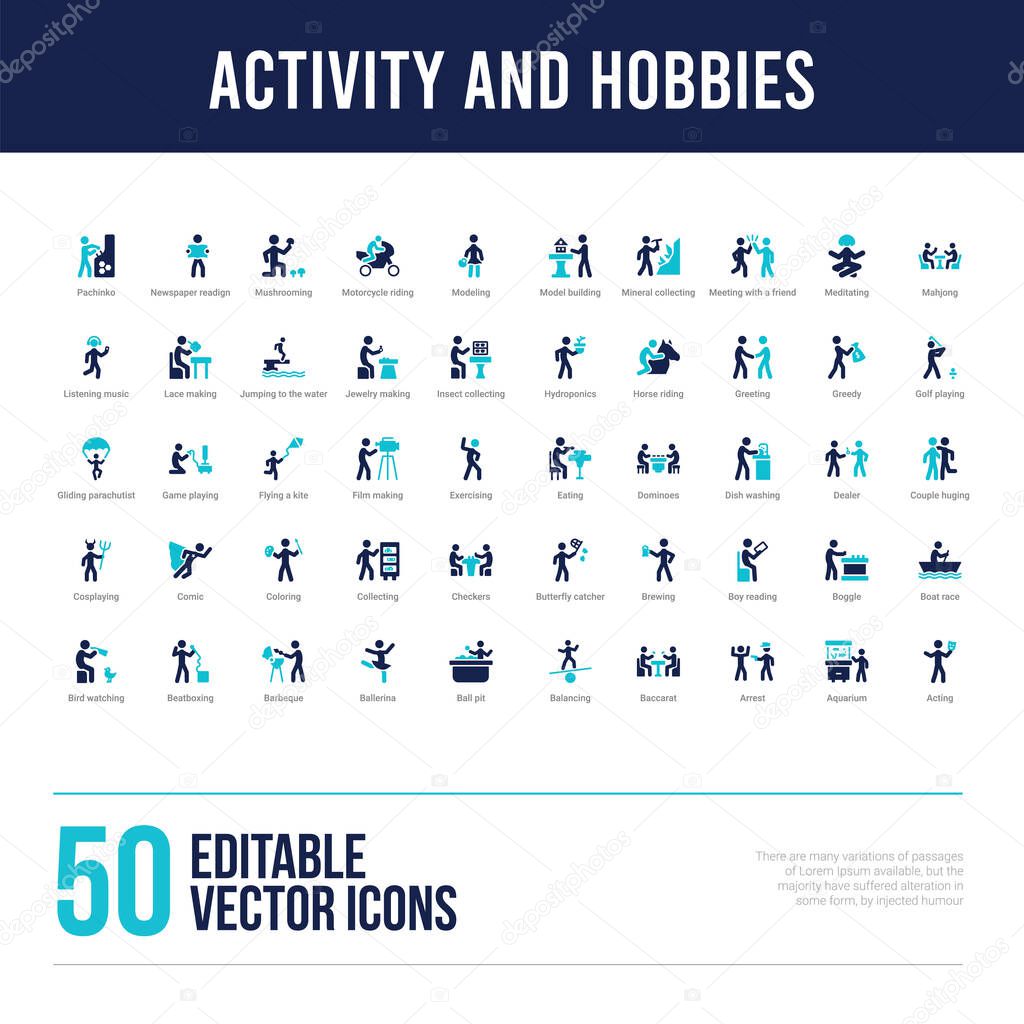 50 activity and hobbies concept filled icons