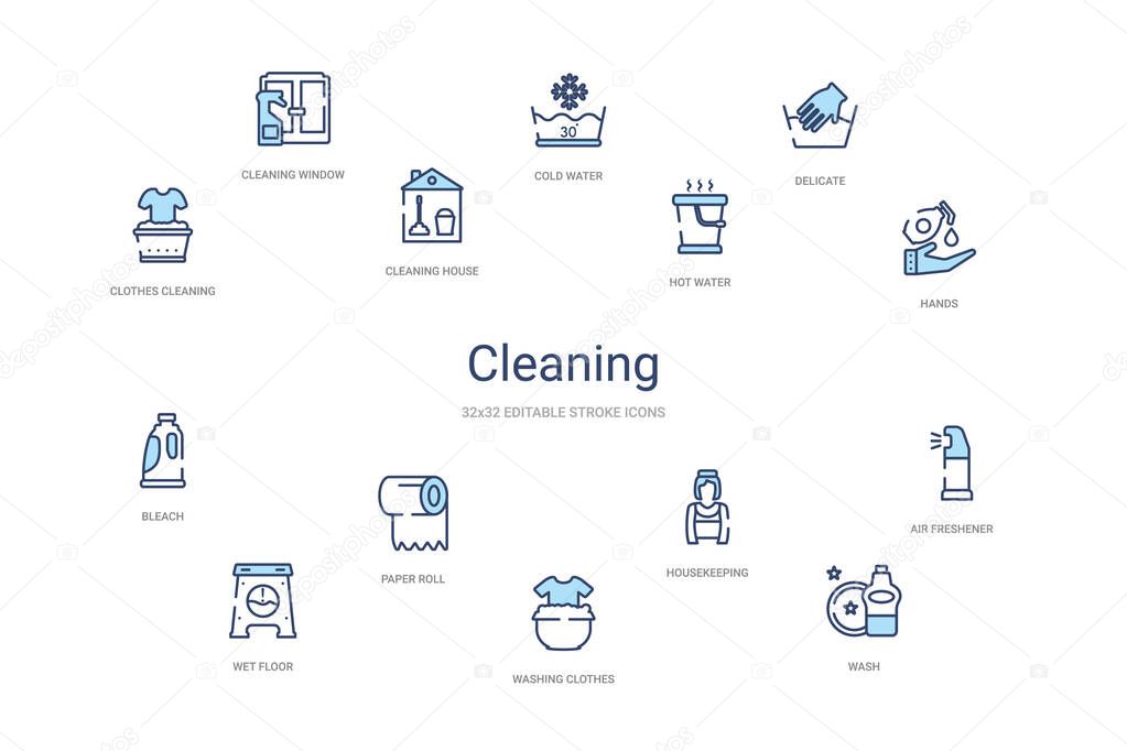 Cleaning concept 14 colorful outline icons. 2 color blue stroke icons