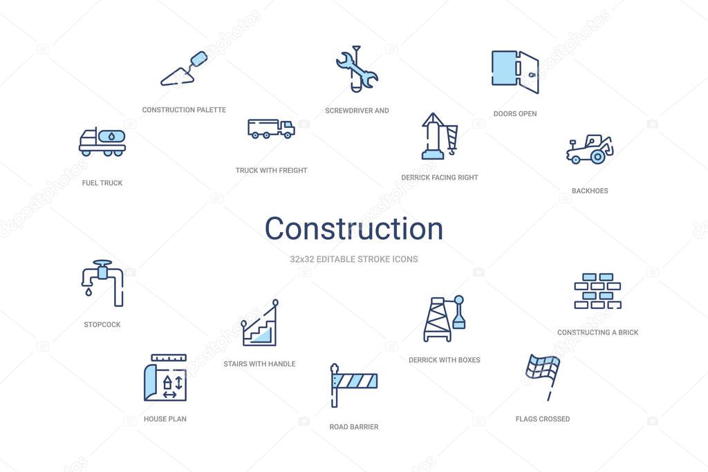 Construction concept 14 colorful outline icons. 2 color blue stroke icons