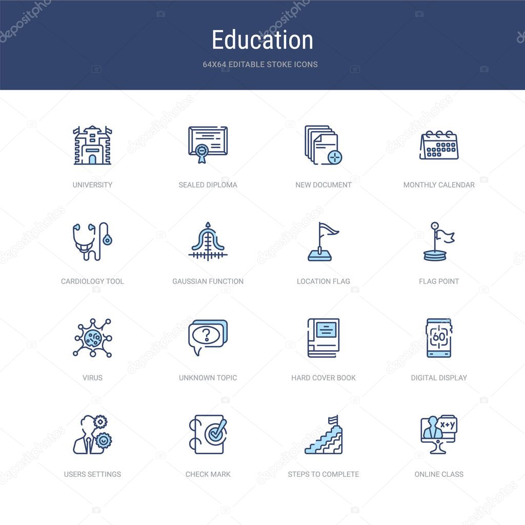Set of 16 vector stroke icons such as online class, steps to complete, check mark, users settings, digital display 60, hard cover book from education concept. can be used for web, logo, ui\u002fux