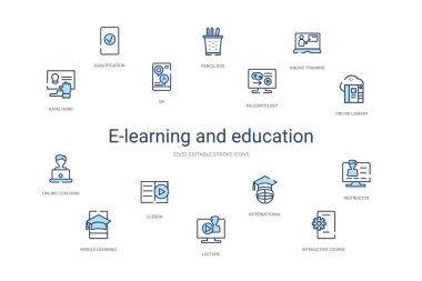 e-öğrenme ve eğitim konsepti 14 renkli taslak simgesi. 2 co