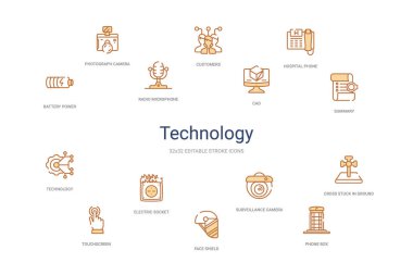 Teknoloji konsepti 14 renkli taslak simgeleri. 2 renk mavi vuruş
