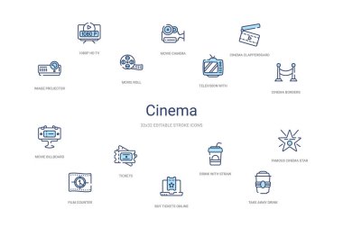 Sinema konsepti 14 renkli taslak simgeleri. 2 renk mavi kulaç