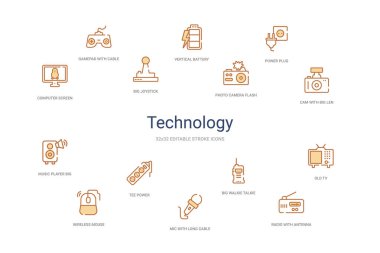 Teknoloji konsepti 14 renkli taslak simgeleri. 2 renk mavi vuruş