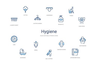Hijyen konsepti 14 renkli taslak simgeleri. 2 renk mavi vuruş!