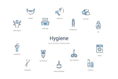 Hijyen konsepti 14 renkli taslak simgeleri. 2 renk mavi vuruş!
