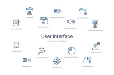 kullanıcı arayüzü kavramı 14 renkli taslak simgeleri. 2 renk mavi s