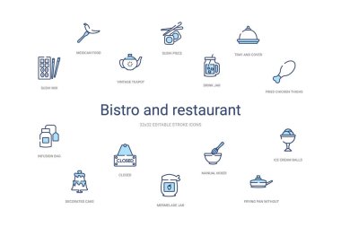 Bistro ve restoran konsepti 14 renkli taslak simgesi. 2 renk