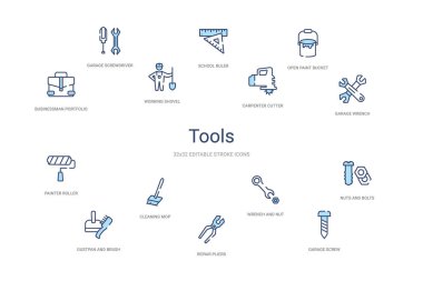 Araçlar konsepti 14 renkli taslak simgeleri. 2 renk mavi vuruş ico