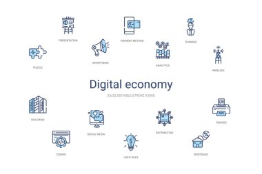 Dijital ekonomi konsepti 14 renkli taslak simgeleri. 2 renk mavi 
