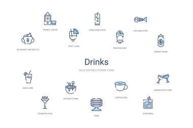 İçki konsepti 14 renkli taslak simgeleri. 2 renk mavi kulaç