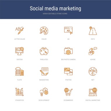 Dijital pazarlama, ekommer gibi 16 vektör vuruşu simgesi