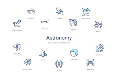 Astronomi konsepti 14 renkli taslak simgeleri. 2 renk mavi vuruş