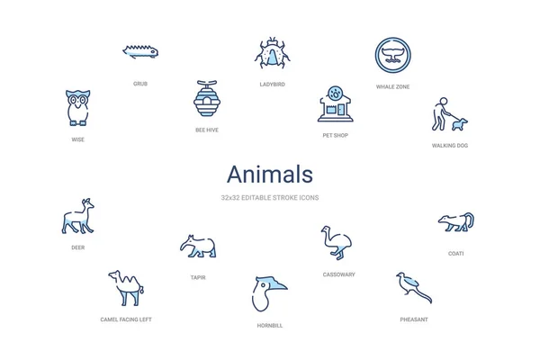 Concepto de animales 14 iconos de contorno de colores. 2 color azul trazo i — Vector de stock