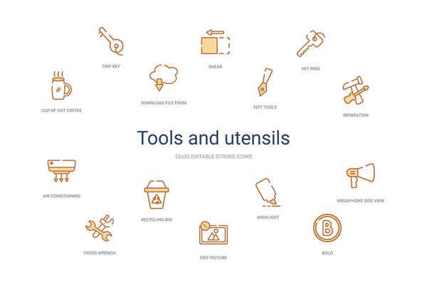Концепция инструментов и посуды 14 красочных значков контуров. 2 цвета

