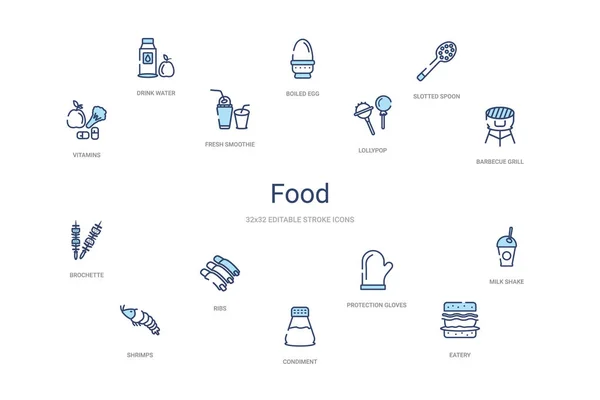 Gıda konsepti 14 renkli taslak simgeleri. 2 renk mavi vuruş simgesi — Stok Vektör