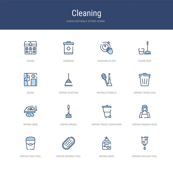 Set of 16 vector stroke icons such as wiping vacuum tool, wiping — ストックベクタ