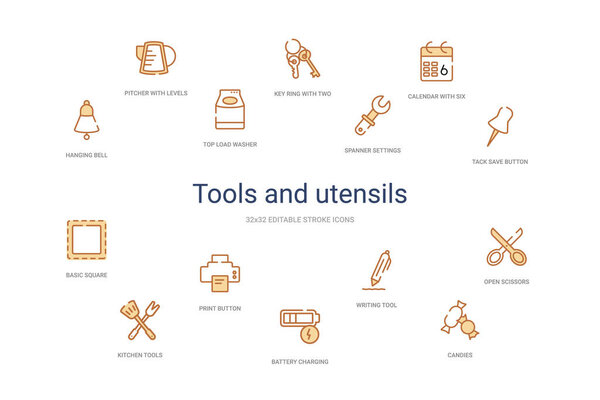 Концепция инструментов и посуды 14 красочных значков контуров. 2 цвета
