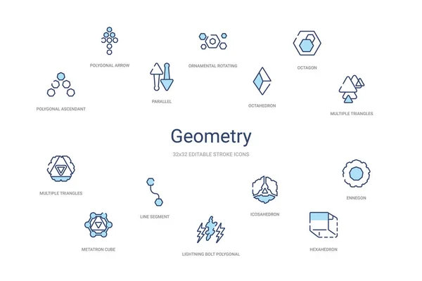 Geometria koncepció 14 színes vázlat ikonok. 2 szín kék stroke — Stock Vector