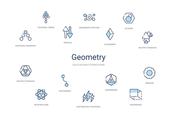 Geometrie concept 14 kleurrijke outline iconen. 2 kleuren blauwe streep — Stockvector