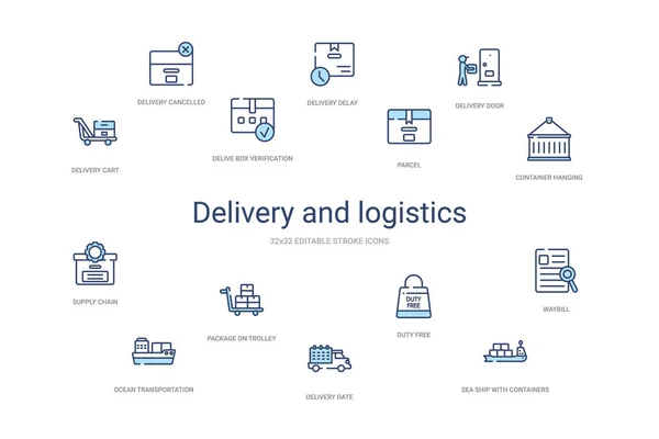 Entrega y logística concepto 14 iconos contorno colorido. 2 colo — Archivo Imágenes Vectoriales