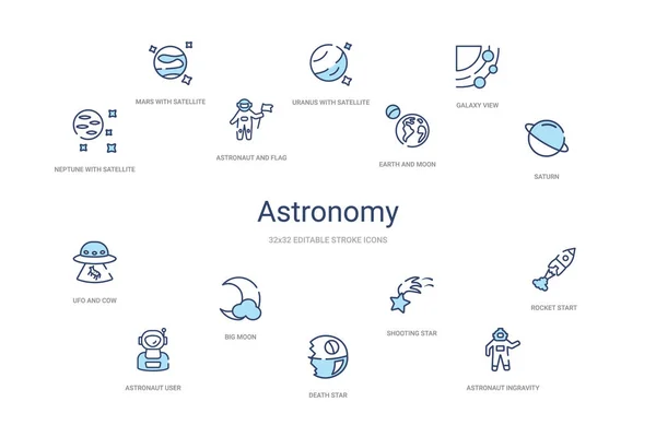 天文学の概念14のカラフルなアウトラインアイコン。2色青ストローク — ストックベクタ