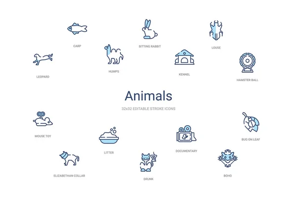 Concepto de animales 14 iconos de contorno de colores. 2 color azul trazo i — Vector de stock