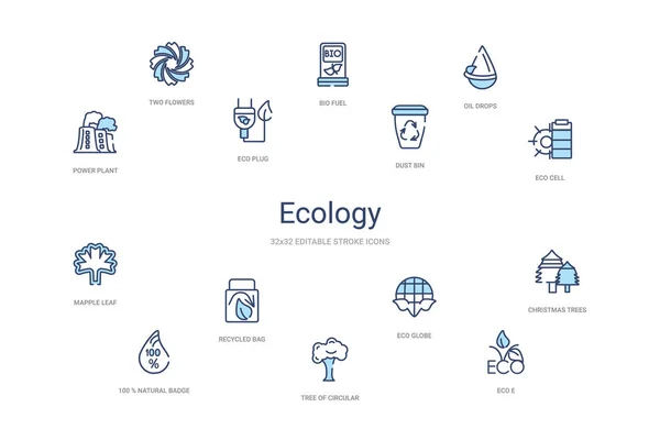 Ekologie koncept 14 barevné obrysové ikony. 2 barvy modrý tah i — Stockový vektor