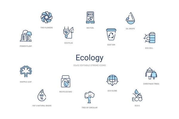 Concepto de ecología 14 iconos de contorno de colores. 2 color azul trazo i — Archivo Imágenes Vectoriales