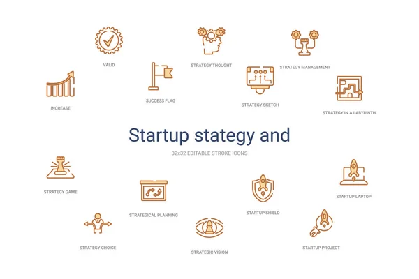 Startup stategy et concept 14 icônes contour coloré. 2 couleurs b — Image vectorielle