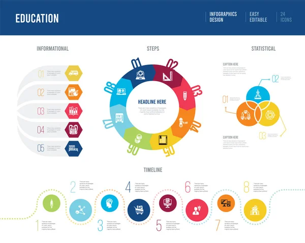 Design infográfico a partir do conceito de educação. informação, timeli —  Vetores de Stock