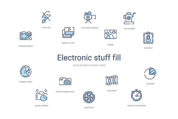 Concepto de relleno de material electrónico 14 iconos de contorno de colores. 2 colores — Vector de stock