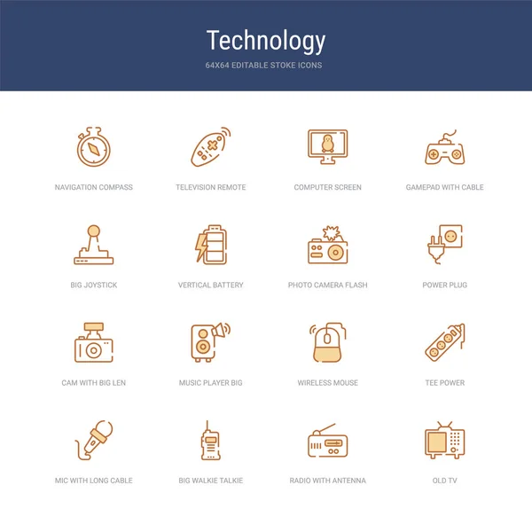 Set dari 16 vektor ikon stroke seperti tv tua, radio dengan antena - Stok Vektor
