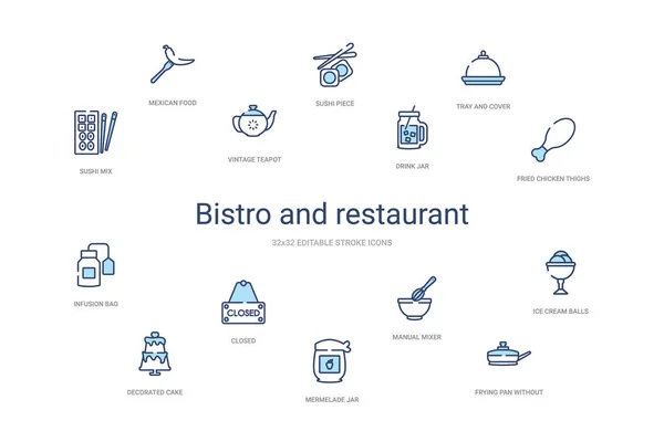 Bisztró és étterem koncepció 14 színes vázlat ikonok. 2 szín — Stock Vector