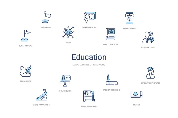 Concepto de educación 14 iconos de contorno de colores. 2 color azul trazo — Vector de stock