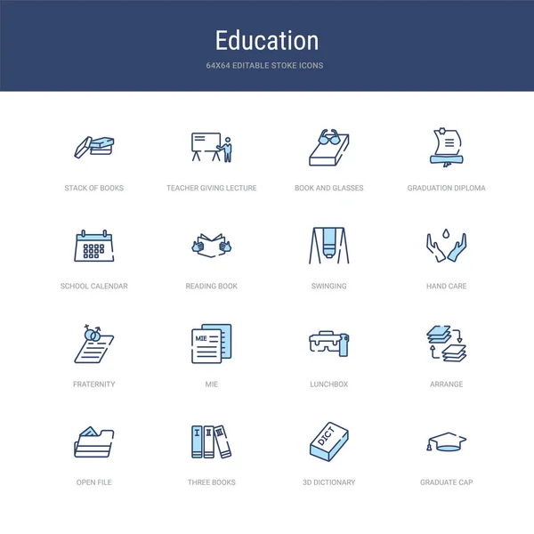 Set of 16 vector stroke icons such as graduate cap, 3d dictionar — 스톡 벡터