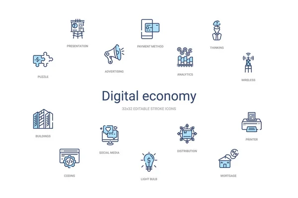 Konzept der digitalen Wirtschaft 14 bunte Umrisse Symbole. 2 Farbe blau — Stockvektor