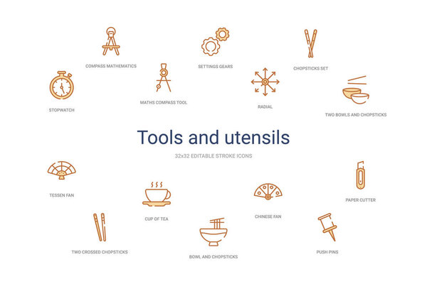 Концепция инструментов и посуды 14 красочных значков контуров. 2 цвета

