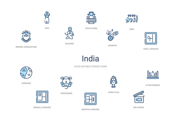 India koncepció 14 színes vázlat ikonok. 2 szín kék stroke ico — Stock Vector