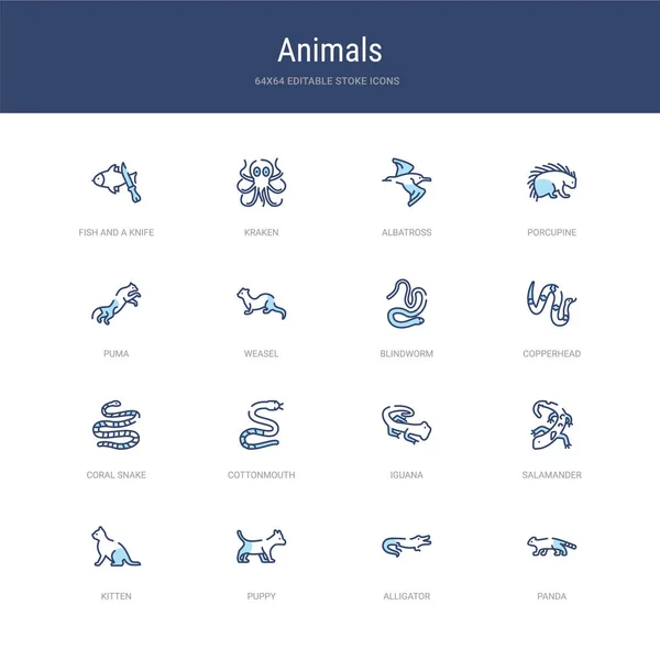 Set of 16 vector stroke icons such as panda, alligator, puppy, k — ストックベクタ