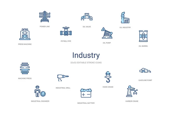 Concept de l'industrie 14 icônes contour coloré. 2 couleur bleu coup — Image vectorielle