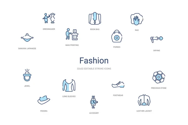 Fashion concept 14 colorful outline icons. 2 color blue stroke i — 스톡 벡터