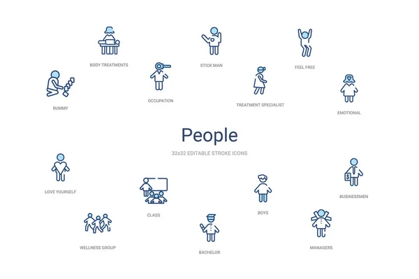 Concepto de personas 14 iconos de contorno de colores. 2 color azul trazo ic — Vector de stock