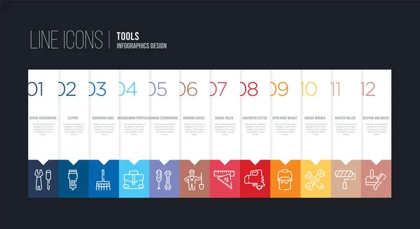 Infografik-Design mit 12 Optionen. Strichlinien-Symbole wie — Stockvektor